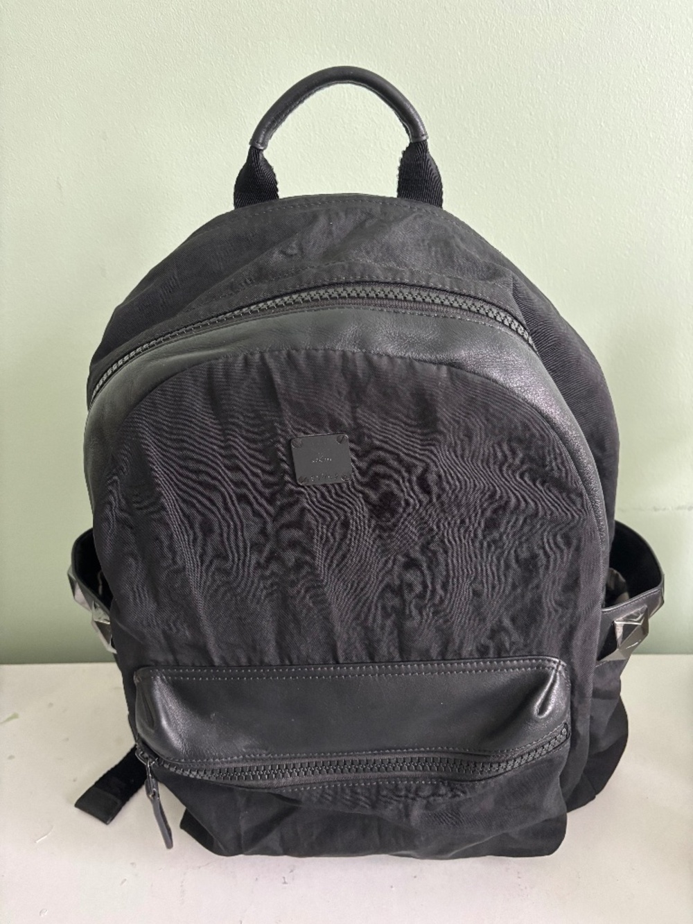 Authentic MCM Black Nylon & Leather 6-Stud Medium Backpack Vintage